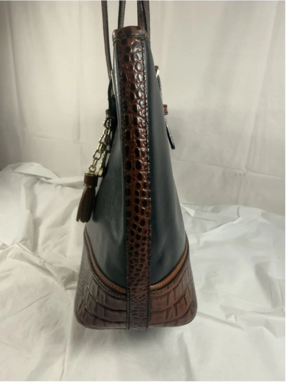 BRAHMIN Croc Embossed Leather Handbag Tote Purse Charms Black Brown